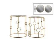 Metal Round Nesting Accent Table with Mirror Top and Circle and Beads Design Body Set of Two Metallic Finish Gold
