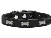 Silver Bone Widget Genuine Leather Dog Collar Black 20