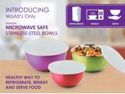 MICROWONDER MICROWAVE SAFE STAINLESS STEEL BOWLS Small 950 ml. Medium 1500 ml. Large 2100 ml.