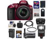 Nikon D5300 Digital SLR Camera 18 55mm G VR DX II AF S Zoom Lens Red with 64GB Card Battery Charger Case Grip Flash Kit