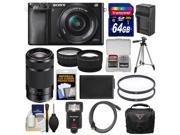Sony Alpha A6000 Wi Fi Digital Camera 16 50mm Lens Black with 55 210mm Lens 64GB Card Case Flash Battery Charger Tripod Kit