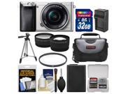 Sony Alpha A6000 Wi Fi Digital Camera 16 50mm Lens Silver with 32GB Card Case Battery Charger Tripod Filter Tele Wide Lens Kit