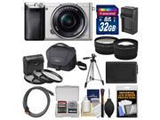 Sony Alpha A6000 Wi Fi Digital Camera 16 50mm Lens Silver with 32GB Card Case Battery Charger Tripod Tele Wide Lens Kit