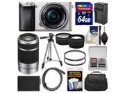 Sony Alpha A6000 Wi Fi Digital Camera 16 50mm Lens Silver with 55 210mm Lens 64GB Card Case Battery Charger Tripod Kit