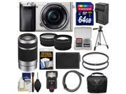 Sony Alpha A6000 Wi Fi Digital Camera 16 50mm Lens Silver with 55 210mm Lens 64GB Card Case Flash Battery Charger Tripod Kit