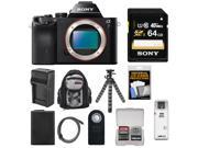 Sony Alpha A7 Digital Camera Body Black with 64GB Card Battery Charger Backpack Flex Tripod Kit