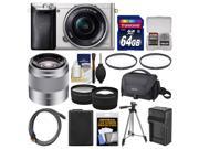 Sony Alpha A6000 Wi Fi Digital Camera 16 50mm Lens Silver with 50mm f 1.8 Lens 64GB Card Case Battery Charger Tripod Tele Wide Lens Kit