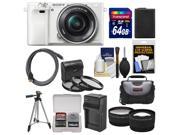 Sony Alpha A6000 Wi Fi Digital Camera 16 50mm Lens White with 64GB Card Case Battery Charger Tripod Tele Wide Lens Kit