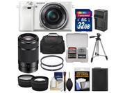 Sony Alpha A6000 Wi Fi Digital Camera 16 50mm Lens White with 55 210mm Lens 32GB Card Case Battery Charger Tripod Tele Wide Lens Kit