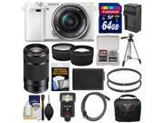 Sony Alpha A6000 Wi Fi Digital Camera 16 50mm Lens White with 55 210mm Lens 64GB Card Case Flash Battery Charger Tripod Kit