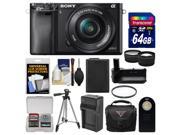 Sony Alpha A6000 Wi Fi Digital Camera 16 50mm Lens Black with 64GB Card Case Battery Charger Grip Tripod Tele Wide Lens Kit