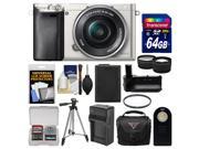 Sony Alpha A6000 Wi Fi Digital Camera 16 50mm Lens Silver with 64GB Card Case Battery Charger Grip Tripod Tele Wide Lens Kit