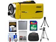 Coleman CVW20HD Waterproof HD Digital Video Camera Camcorder Yellow with 16GB Card Battery Case Tripods Kit