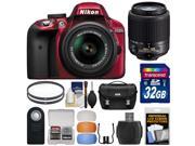 Nikon D3300 Digital SLR Camera 18 55mm G VR DX II AF S Zoom Red with 55 200mm DX AF S Lens 32GB Card Case Filters Kit