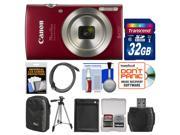 Canon PowerShot Elph 180 Digital Camera Red with 32GB Card Case Battery Tripod HDMI Cable Kit