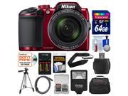 Nikon Coolpix B500 Wi Fi Digital Camera Red with 64GB Card Case Flash Batteries Charger Tripod Strap Kit