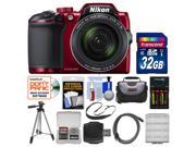 Nikon Coolpix B500 Wi Fi Digital Camera Red with 32GB Card Case Batteries Charger Tripod Sling Strap Kit