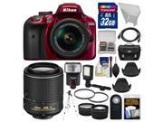 Nikon D3400 Digital SLR Camera 18 55mm VR DX AF P Red with 55 200mm VR Lens 32GB Card Case Flash Video Light Tripod 2 Lens Kit