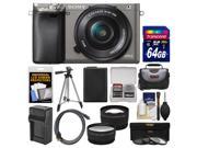 Sony Alpha A6000 Wi Fi Digital Camera 16 50mm Lens Graphite with 64GB Card Case Battery Charger Tripod Tele Wide Lens Kit