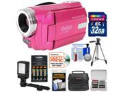 Vivitar DVR 508 HD Digital Video Camera Camcorder Pink with 32GB Card Batteries Charger Case LED Video Light Tripod Kit