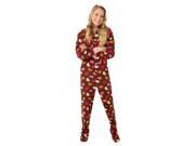 Chocolate Brown w Hearts Micro Polar Fleece Adult Footie Footed Pajamas Loungewear W Drop Seat