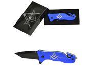 Freemason Master Free Mason Blue Folding Pocket Knife w Masonic Square Compasses