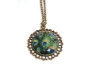 Retro Crystal Peacock Feather Necklace Art Deco Antique Charm Pendant Bronze