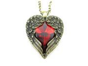 VInTage Style Angel Wings Wrapped Around a Red Heart Pendant Necklace With long 70cm chaIn