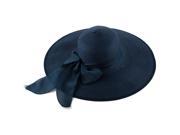 Navy Blue Self Tie Bow Wide Style Of Round Brim Beach Wear Straw Hat For Ladies