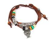 New Owl Pendant Wood Multicolor Beads Adjustable Drawstring Leather Bracelet