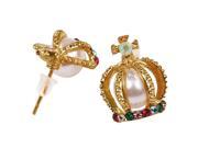 New French Palace Pearl Cross Rhinestones Paved Crown Noble Stud Earrings