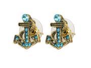 New Antique Blue Pattern Bronze Rhinestone Paved Nautical Anchor Stud Earrings