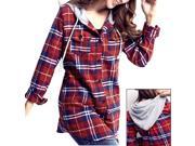 Spring Womens Scotland Style Flap Patch Pockets Hooded Plaid Shirt Top Red S
