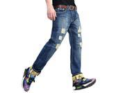 Men s Straight Slim Fit Jeans Color Dark Blue with Yellow Trim 30