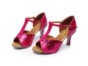 Latin Dance Shoes High Heel 7cm Rose Red Paillettes 9