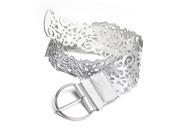 Ladies Silver Tone Faux Leather Cut Out Flower Pin Buckle Wide Belt