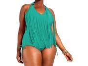Sexy Halter Sleeveless Fringe Embellished One Piece Swimwear For Women green XL