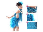 New Children Kids Sequin Feather Fringe Stage Performance Competition Ballroom Dance Costume Latin Dance Dress For Girls Blue XL