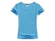 New Women Summer Casual Lycra Cotton Solid O Neck T shirt Women Clothes Tops Lake Blue L