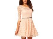 New Women Summer Casual Dresses Sexy Spoon Neck Three Quarter Sleeve Skater Lace Dress With Belt Beige M