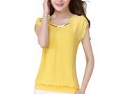 New women Summer Blouse short sleeve solid Chiffon Lace Blouse casual dress blusas Yellow L