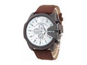 THZY V6 Men Big Dial Faux Leather Wrist Watch Brown Strap White Case