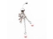 Belly Button Ring Barbell Bar Pink Faux Pearl Butterfly Chain Dangle
