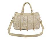 Ladies Lace PU Leather Stud Tote Shoulder Bag Handbag Shopper Beige