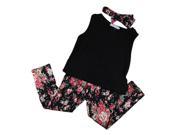 Girls Fashion floral casual suit children clothing set sleeveless outfit headband 2015 summer new kids clothes set 130cm 7T Black
