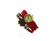 Women s Retro Weave Wrap Flower Faux Leather Bracelet Wrist Watch Red