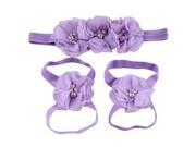 Baby Girl Chiffon Rhinestone Foot Flower Barefoot Sandals Headband Set Light Purple