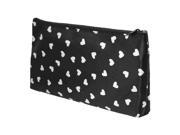 Ladies White Heart Shape Pattern Zip Up Black Cosmetic Pouch Bag Case