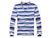 Fashion Men s White Dark Blue Gray Stripe Long sleeved Cotton Stripes Sweater Pullover T shirt L