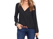 Women s Sexy V neck Long sleeved Solid Chiffon Shirt Tops Blouse T shirt Black XL